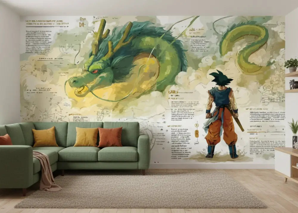 Mural de dragon vert et jaune avec des panneaux de texte sur un mur