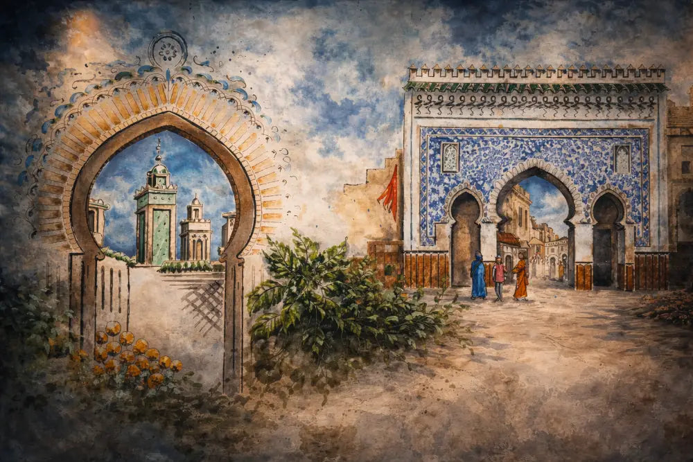 Papier Peint Panoramique Maroc – Bab Boujloud Aquarelle Bleu Fès