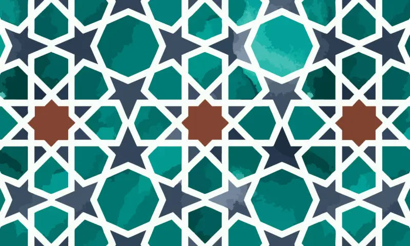 Motif géométrique teal et bleu marine avec contours blancs, accentué par des étoiles de couleur rouille.