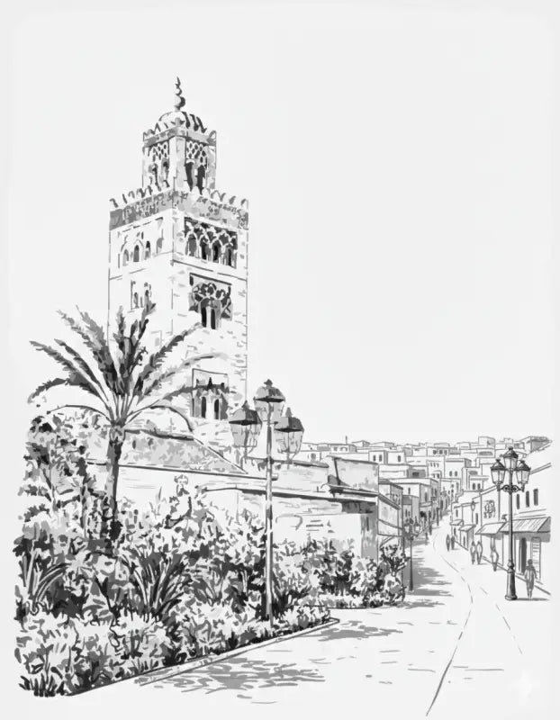 Un croquis détaillé en noir et blanc d’un minaret de mosquée haut et orné avec des fenêtres en arc et des motifs décoratifs.