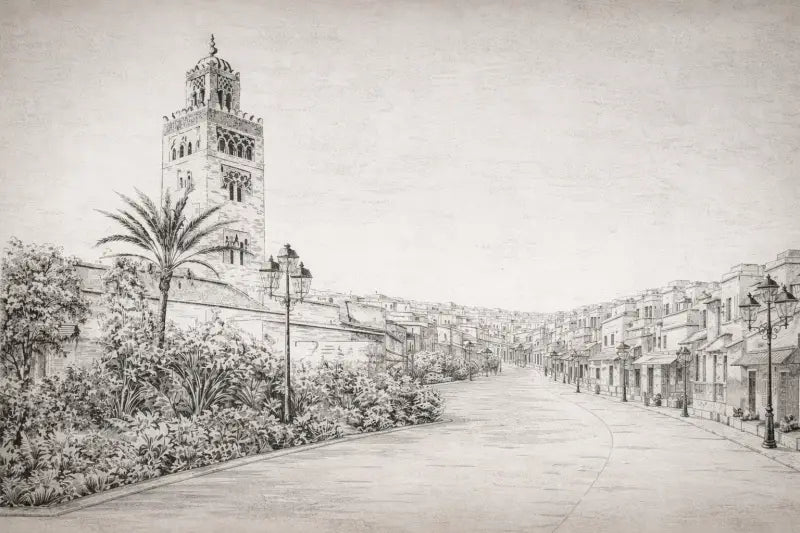 Un croquis au crayon détaillé d’un minaret de mosquée historique avec des arches ornées et un sommet décoratif, se dressant fièrement à côté de palmiers le long d’une rue pavée tranquille bordée de bâtiments traditionnels.