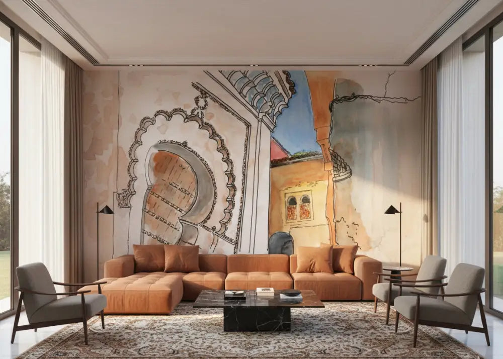 Papier Peint Panoramique Maroc – Marrakech Aquarelle Riad Élégant