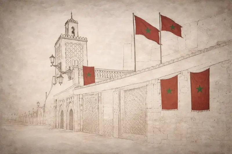 Drapeaux marocains rouges avec des étoiles vertes, affichés sur des mâts et suspendus à un bâtiment en pierre.