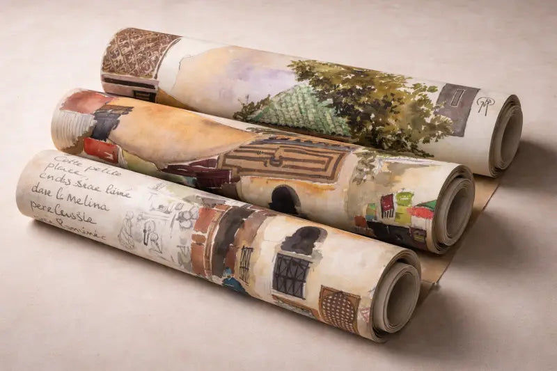 Trois échantillons de papier peint roulés, chacun présentant des illustrations distinctes de style aquarelle d’architecture et de paysages rustiques européens en tons chauds de terre avec des accents de vert et de marron.