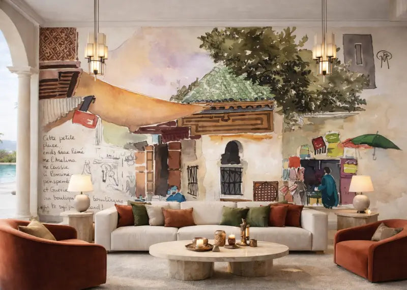 Un canapé d’angle beige avec des coussins moelleux aux nuances de rouille et de vert olive, rehaussé d’une table basse ronde en pierre.