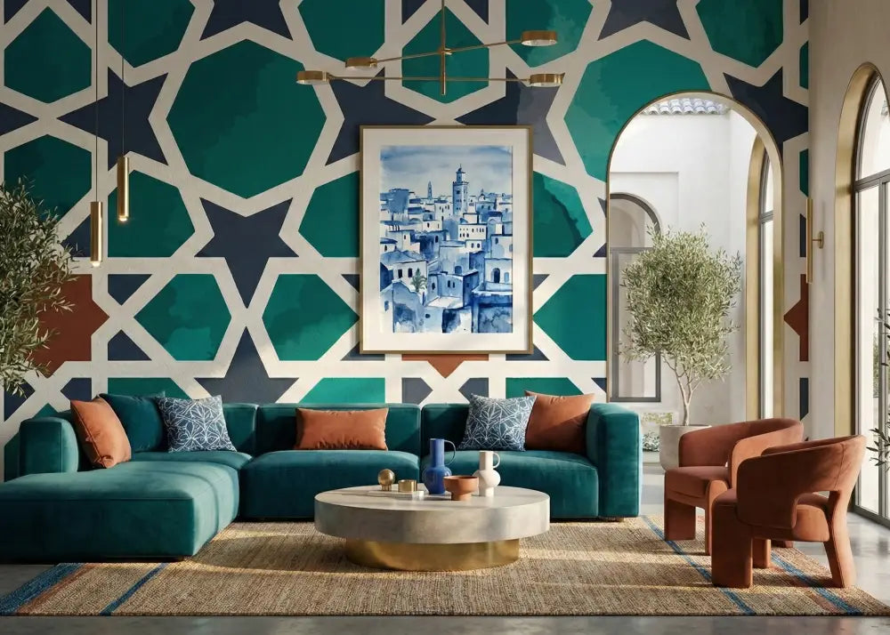 Papier Peint Panoramique Maroc – Zellige Aquarelle Vert Jade & Terracotta