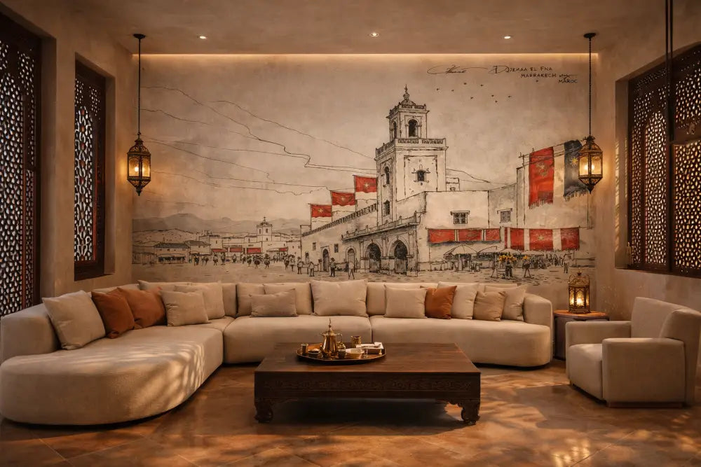 Papier Peint Panoramique Marrakech Croquis Rouge Signature – Collector Premium