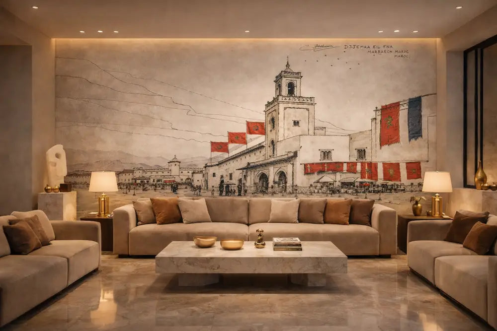 Papier Peint Panoramique Marrakech Croquis Rouge Signature – Collector Premium