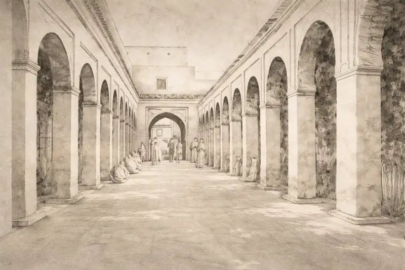 Une peinture aquarelle aux tons sépia d’une longue colonnade arquée avec des piliers en pierre et des figures en tenue traditionnelle.