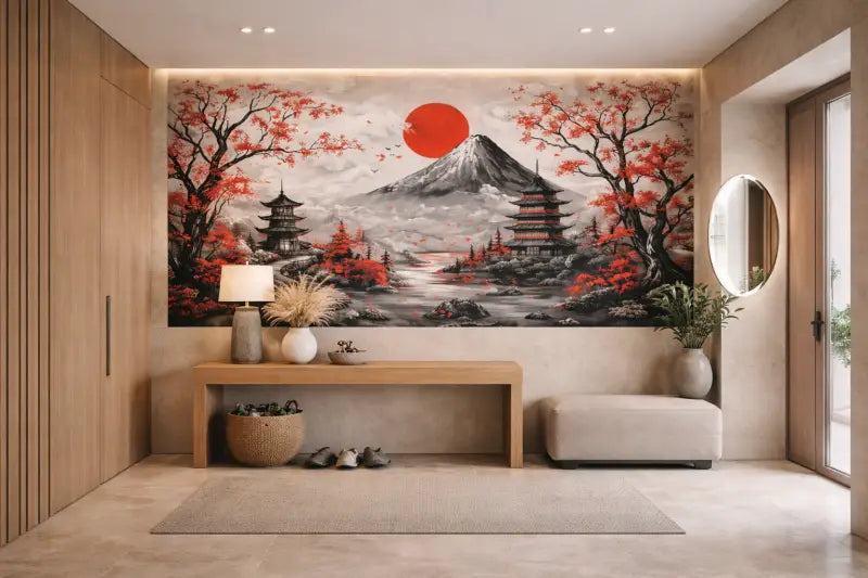 Une grande fresque détaillée représentant le mont Fuji avec des cerisiers en fleurs rouges et des pagodes sous un soleil orange vif.