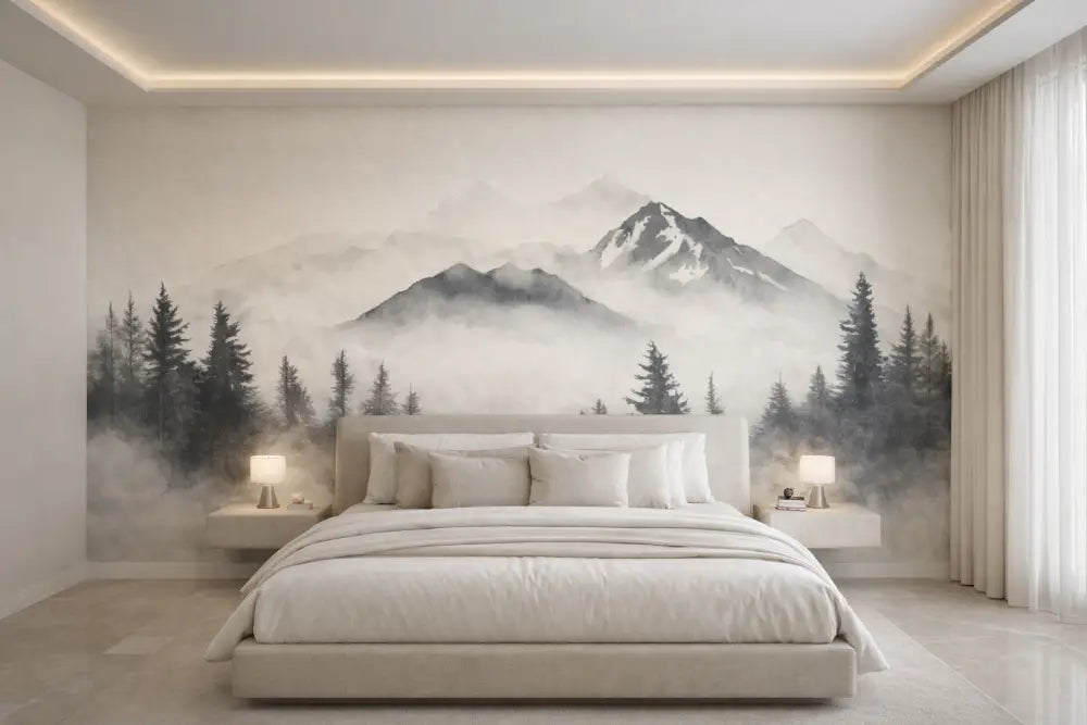 Un lit minimaliste capitonné beige avec un design élégant et moderne et des oreillers assortis.