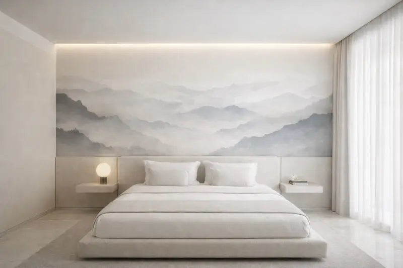 Un lit blanc minimaliste avec un design moderne et épuré et une literie douce.