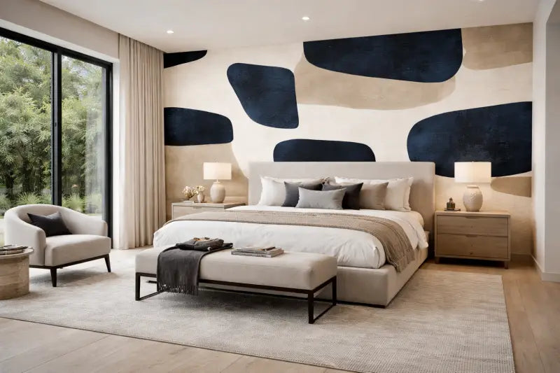 Lit capitonné beige avec un banc assorti à son pied et des pieds en métal sombre.