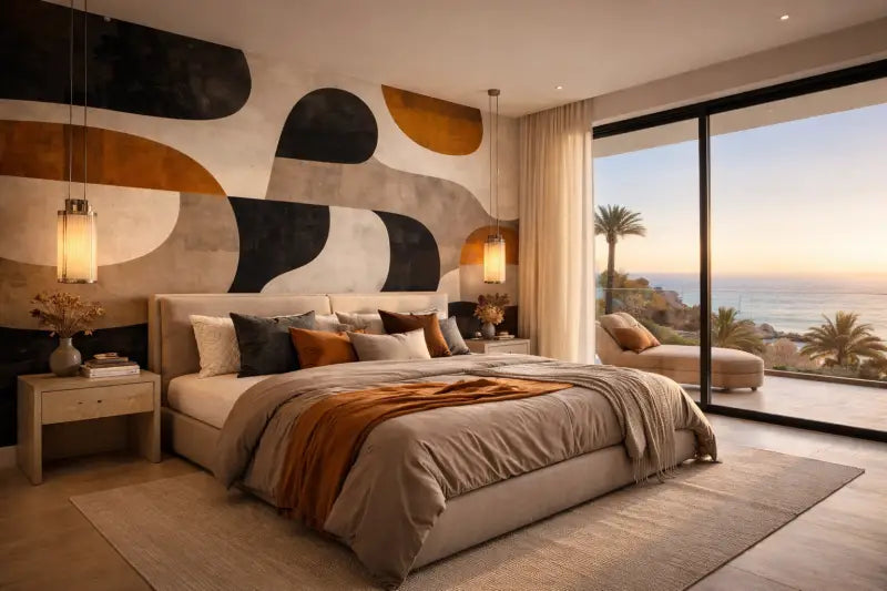 Lit capitonné beige avec une tête de lit matelassée, literie superposée en tons neutres rehaussée par une couverture jetable orange.