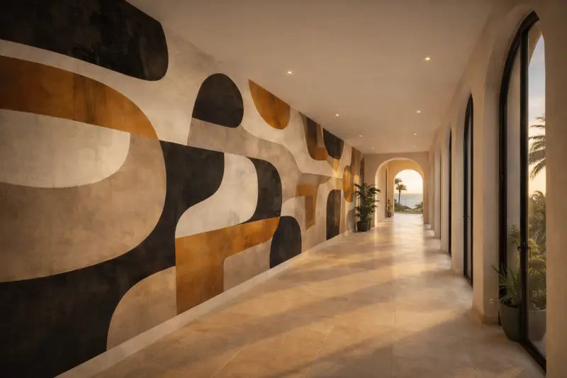 Le mur présente une murale abstraite audacieuse avec des formes noires et dorées fluides sur un fond beige texturé.