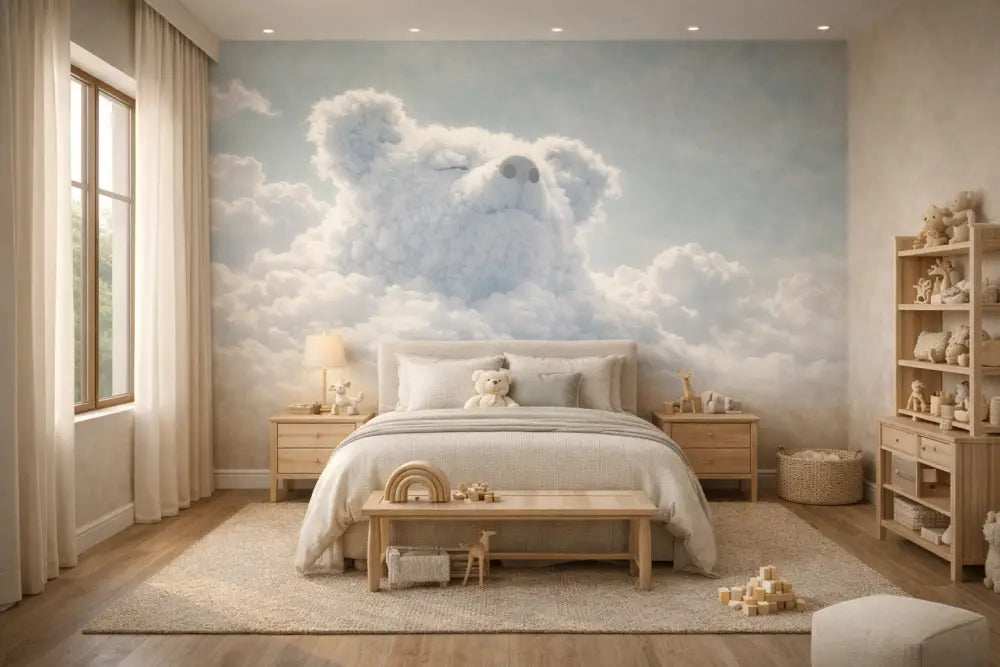 Une fresque murale d’un ours nuageux fantaisiste aux tons doux de blanc et de bleu clair, peinte sur un mur de chambre à coucher.