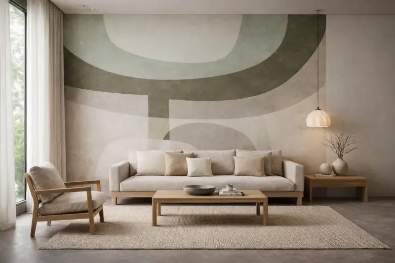 Canapé rembourré beige avec accoudoirs et pieds en bois, positionné au centre d’un salon minimaliste.