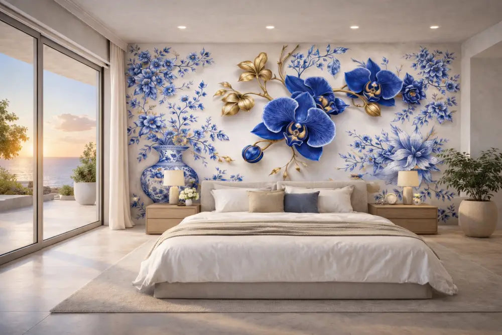 Art mural floral vibrant en bleu et or avec un détaillement complexe.