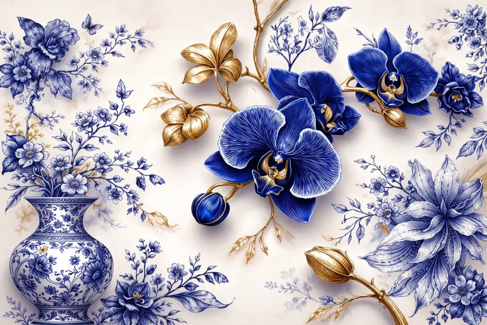 Un vase en porcelaine bleu et blanc classique orné de motifs floraux complexes.