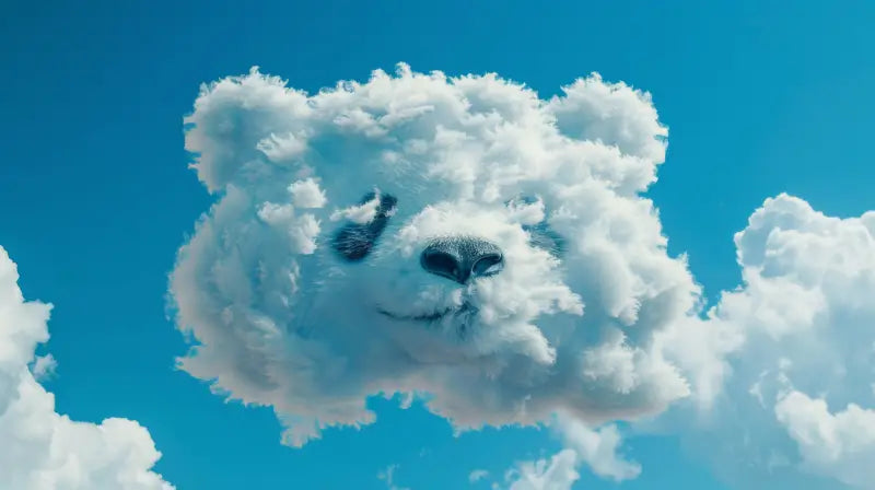 Un nuage blanc et duveteux en forme de visage d’ours avec des yeux et un nez sombres sur un ciel bleu éclatant.