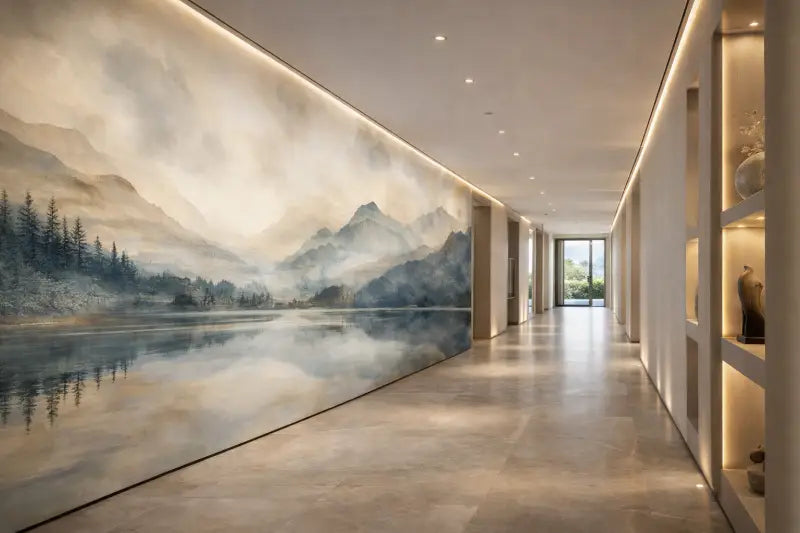 Une fresque sereine à grande échelle représentant des montagnes brumeuses et un lac réfléchissant dans des tons de bleu doux, de gris et de teintes terreuses.