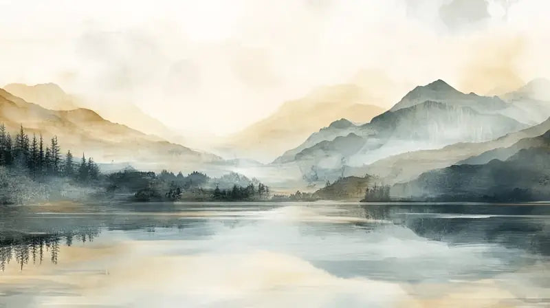 Un paisage serein peint à l’aquarelle représentant des montagnes brumeuses et superposées se reflétant dans un lac calme sous des teintes douces dorées et grises.