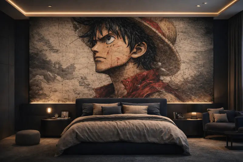 Une grande fresque détaillée de Luffy de One Piece, mettant en vedette son chapeau de paille emblématique et son écharpe rouge sur un fond de carte texturée et vieillie.