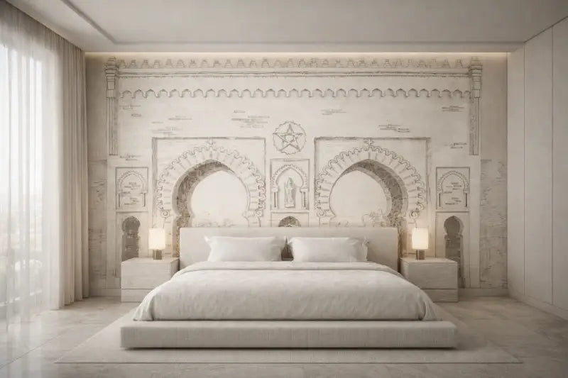 Un lit plat minimaliste blanc avec un cadre à faible profil et des oreillers assortis, posé contre une fresque murale arquée aux détails intricés.