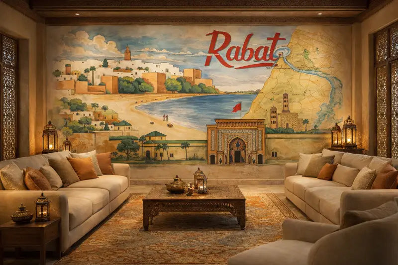 La fresque représente une illustration détaillée et colorée de Rabat avec son architecture historique et ses paysages côtiers.