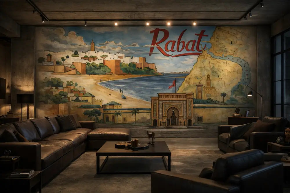 La fresque représente une illustration détaillée et colorée de Rabat avec son architecture historique et ses paysages côtiers.