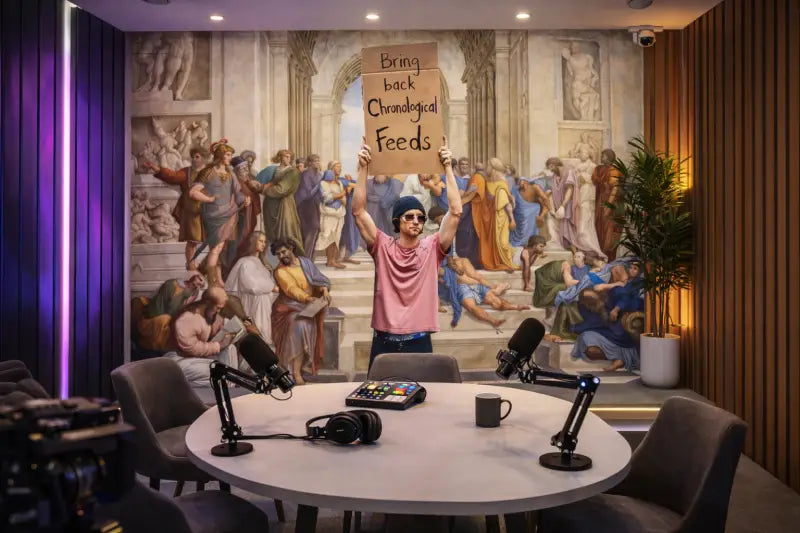 Un homme portant un t-shirt rose et des lunettes de soleil brandit une pancarte en carton sur laquelle on peut lire « ramenez les flux chronologiques » devant une grande fresque murale.