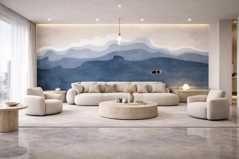 Canapé d’angle moderne de couleur crème avec des bords arrondis doux et un design minimaliste.