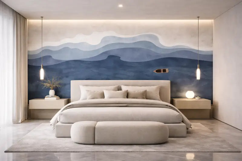 Lit capitonné beige avec ottomane assortie et tables de chevet minimalistes.