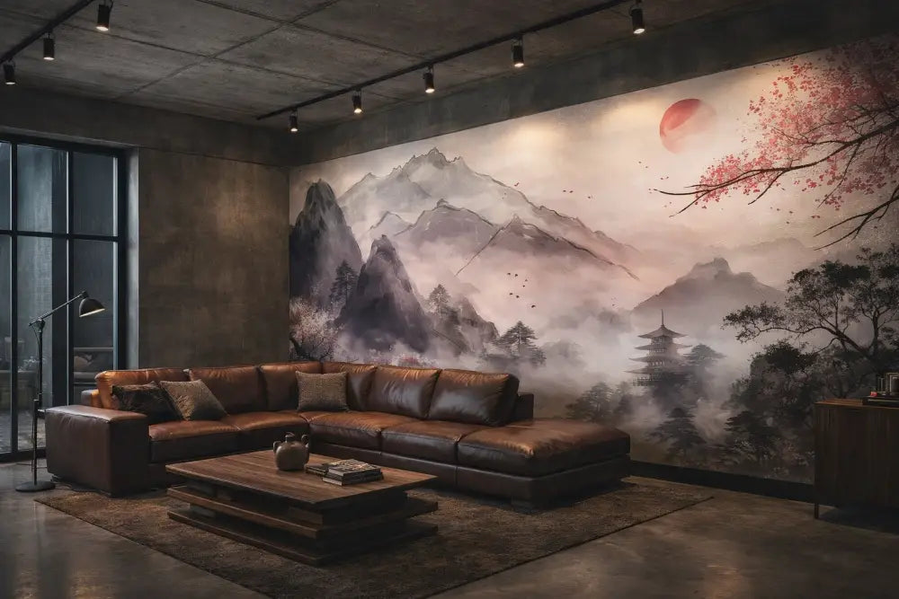 Canapé d’angle en cuir marron avec coussins décoratifs assortis et une table basse en bois devant