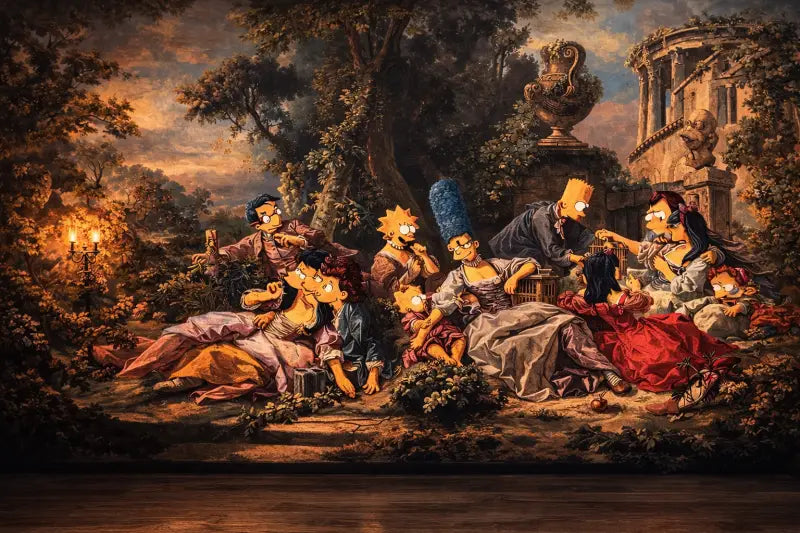Une scène fantaisiste peinte à l’huile représentant la famille Simpson vêtue d’habits aristocratiques du XVIIIe siècle, se prélassant au milieu d’un jardin luxuriant avec une architecture classique et des urnes ornées.