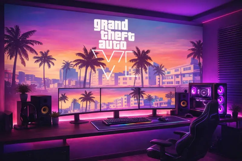 Un fauteuil de gaming noir et élégant, doté d’un dossier haut et d’un design contouré, est assis devant trois moniteurs affichant le logo de Grand Theft Auto V.