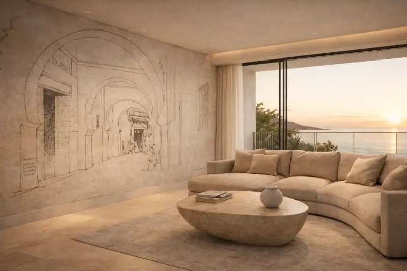 Table basse en pierre beige avec une forme ovale lisse et arrondie et une surface texturée naturelle.