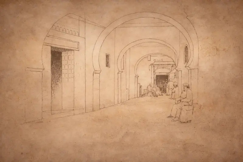 Une esquisse au crayon en tons sépia d’une ruelle voûtée avec des lignes architecturales détaillées et des figures assises le long de la promenade.