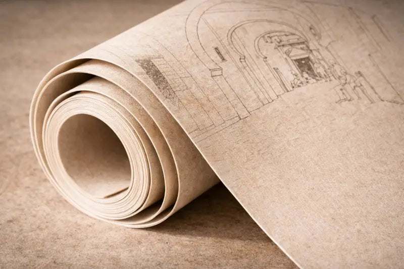 Un rouleau de papier beige texturé présentant un dessin au trait noir détaillé d’un intérieur architectural en arc.