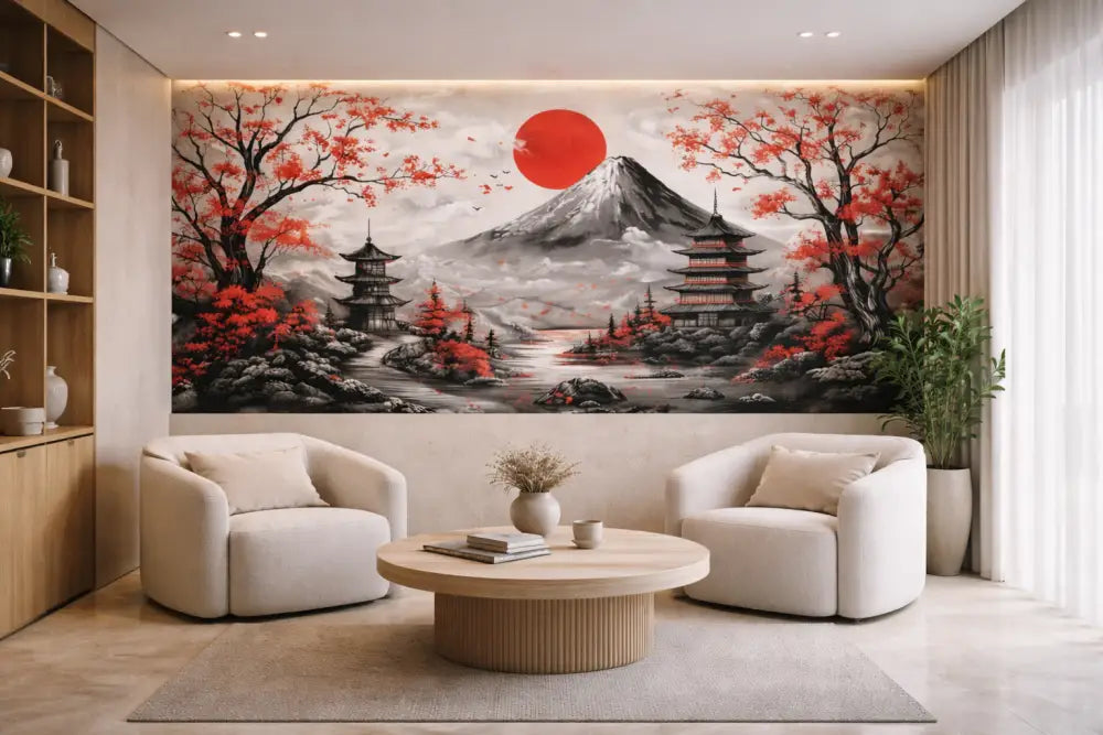 Une grande fresque détaillée représentant le mont Fuji avec des cerisiers en fleurs rouges et des pagodes sous un soleil rouge vif.