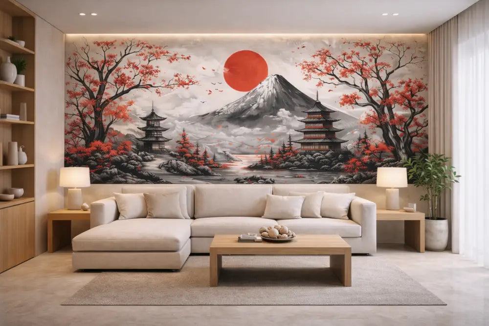 Une fresque sereine d’inspiration japonaise mettant en scène le mont Fuji, des cerisiers en fleurs aux rouges et roses vibrants, des pagodes traditionnelles, et un soleil orange audacieux sur un arrière-plan de montagnes brumeuses.