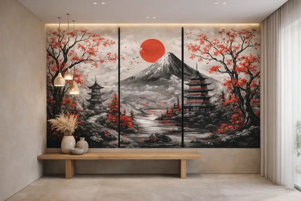 Fresque murale triptyque présentant le mont Fuji, cerisiers en fleur aux rouges et oranges vibrants sur un paysage monochrome avec pagodes sous un soleil orange audacieux.