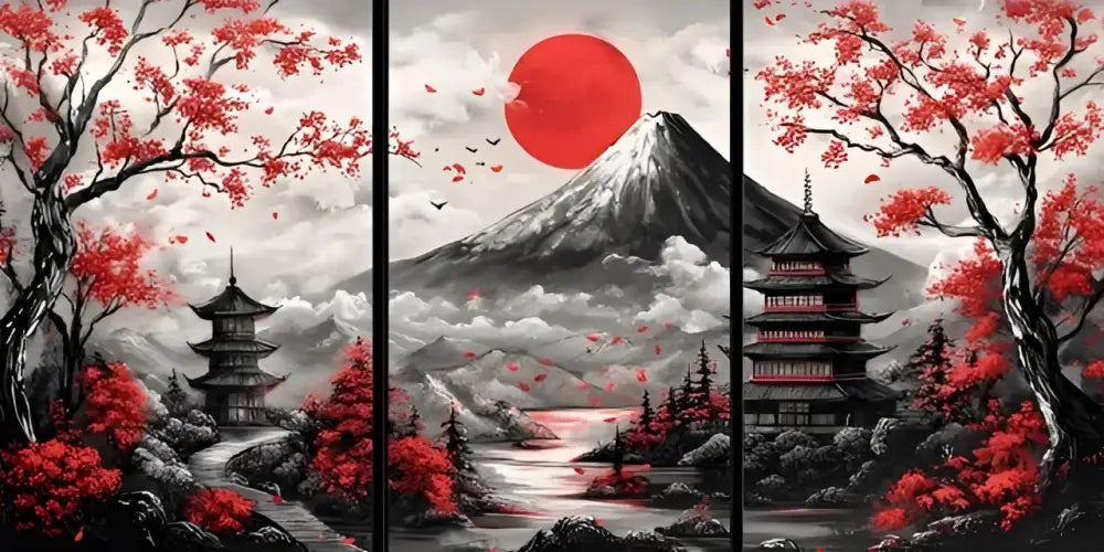 Un triptyque représentant le mont Fuji sous un soleil rouge vibrant, encadré par des cerisiers en fleurs et des pagodes traditionnelles en monochrome avec des accents cramoisis frappants.