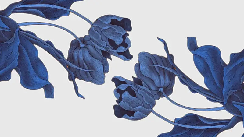 Bleu profond, tulipes aux détails intricés avec pétales texturés et tiges élancées.