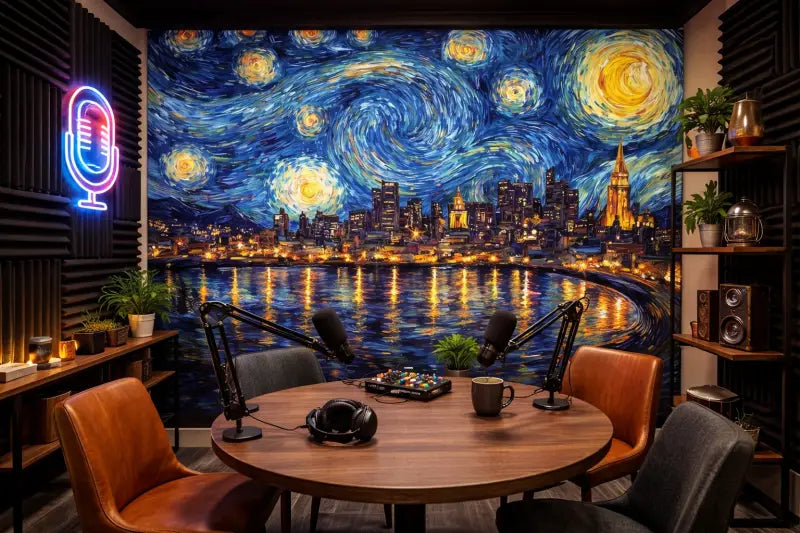 Fresque de paysage urbain nocturne étoilé avec des bleus tourbillonnants, des jaunes et des étoiles dorées se reflétant sur l’eau.