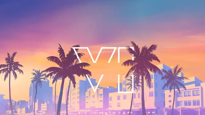 Vii v li logo superposé sur une illustration stylisée de palmiers et de bâtiments sur fond de ciel de coucher de soleil coloré.