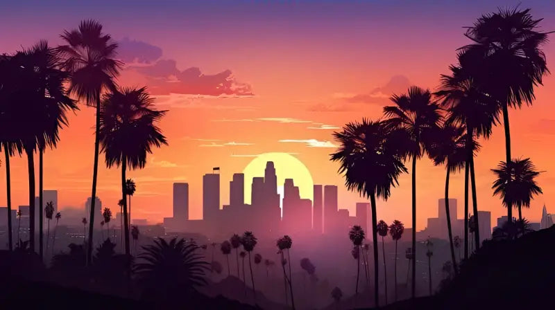 Une silhouette stylisée d’un skyline de ville au coucher du soleil, encadrée par de grands palmiers sur fond d’un ciel dégradé vibrant passant de l’orange au violet.