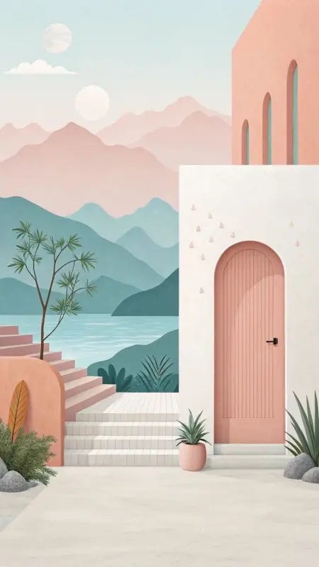 Une porte arquée rose pâle avec des lattes verticales en bois et une poignée noire, encastrée dans un mur de stuc blanc.