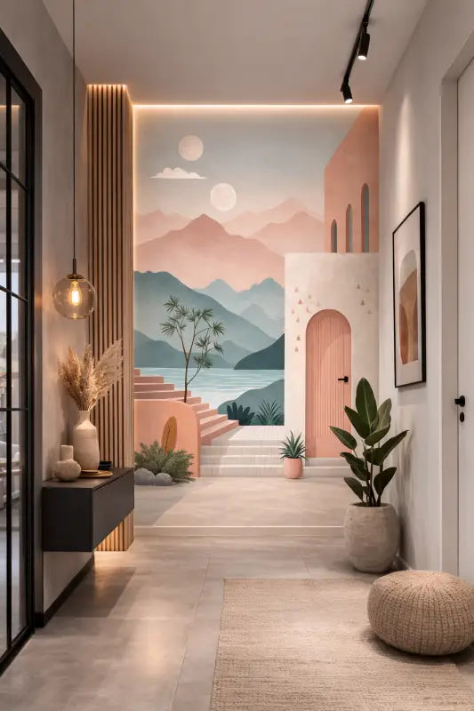 Porte cintrée rose pastel avec détails en stuc blanc intégrée dans une fresque de paysage montagneux.