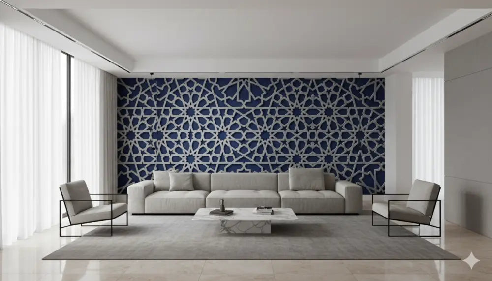 Papier Peint Panoramique Zellige Bleu Minéral & Sable – Édition Ultra Luxe Villa